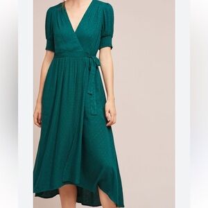 Maeve Ahtropologie Green Cotton Wrap Dress